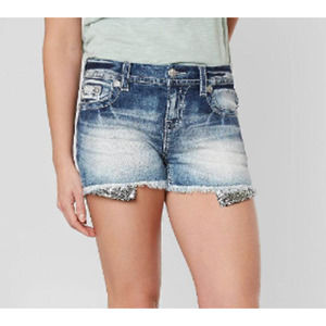 Miss Me Women's Mid Rise Easy Shorts Pockets Five Pockets Whiskering Blue SZ 30